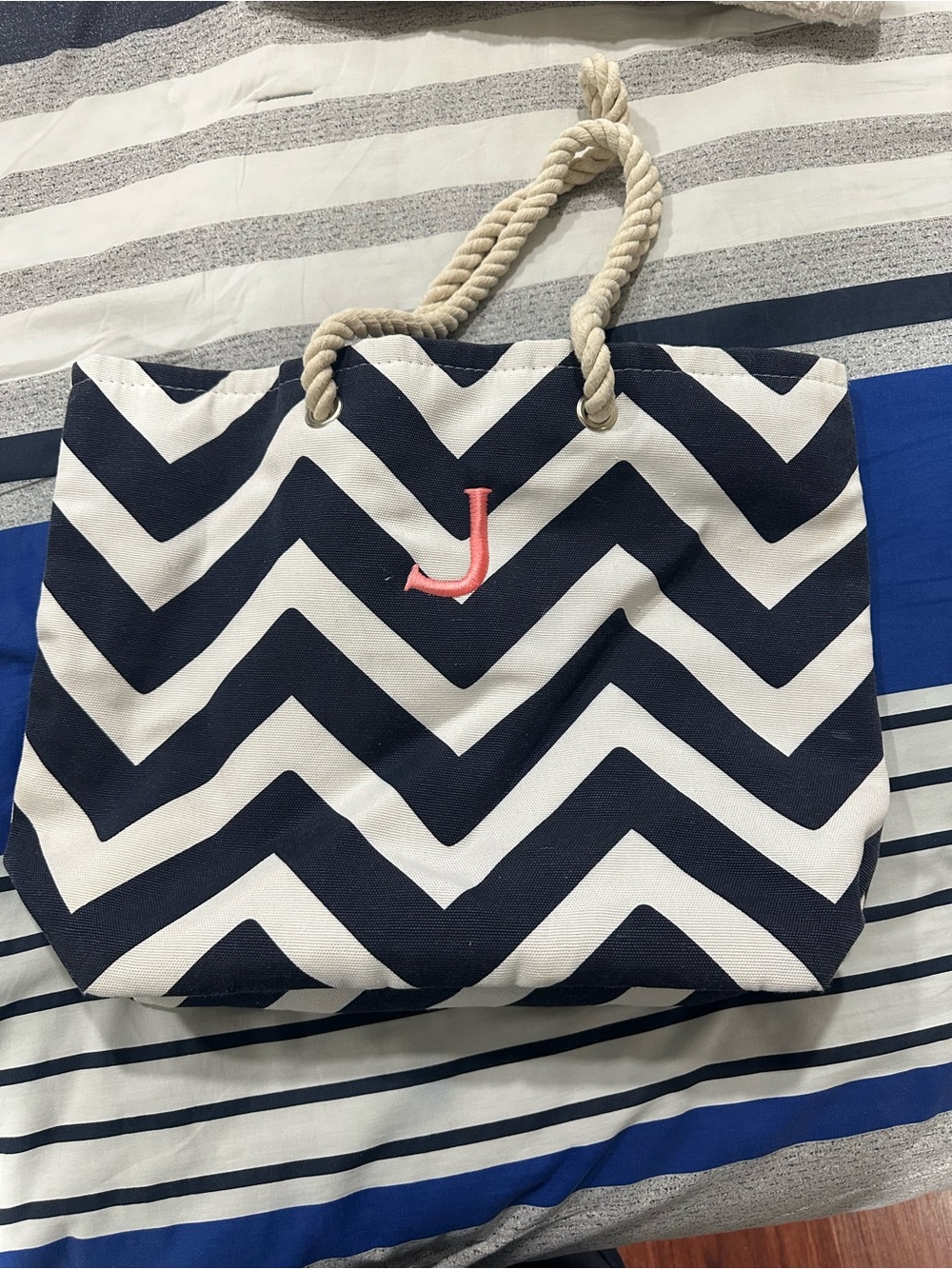 Navy Chevron Rope Handle Tote Bag with Pink Monogram